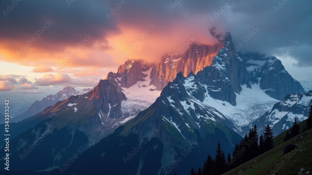 Alpstein Massif in Switzerland at dawn with rain, viewed from above. Fog drapes over rugged peaks as rain-soaked cliffs glisten under dim light. A high-quality aerial photo. Alpstein Massif in Switzerland at dawn with rain, viewed from above. Fog drapes over rugged peaks as rain-soaked cliffs glisten under dim light. A high-quality aerial photo.