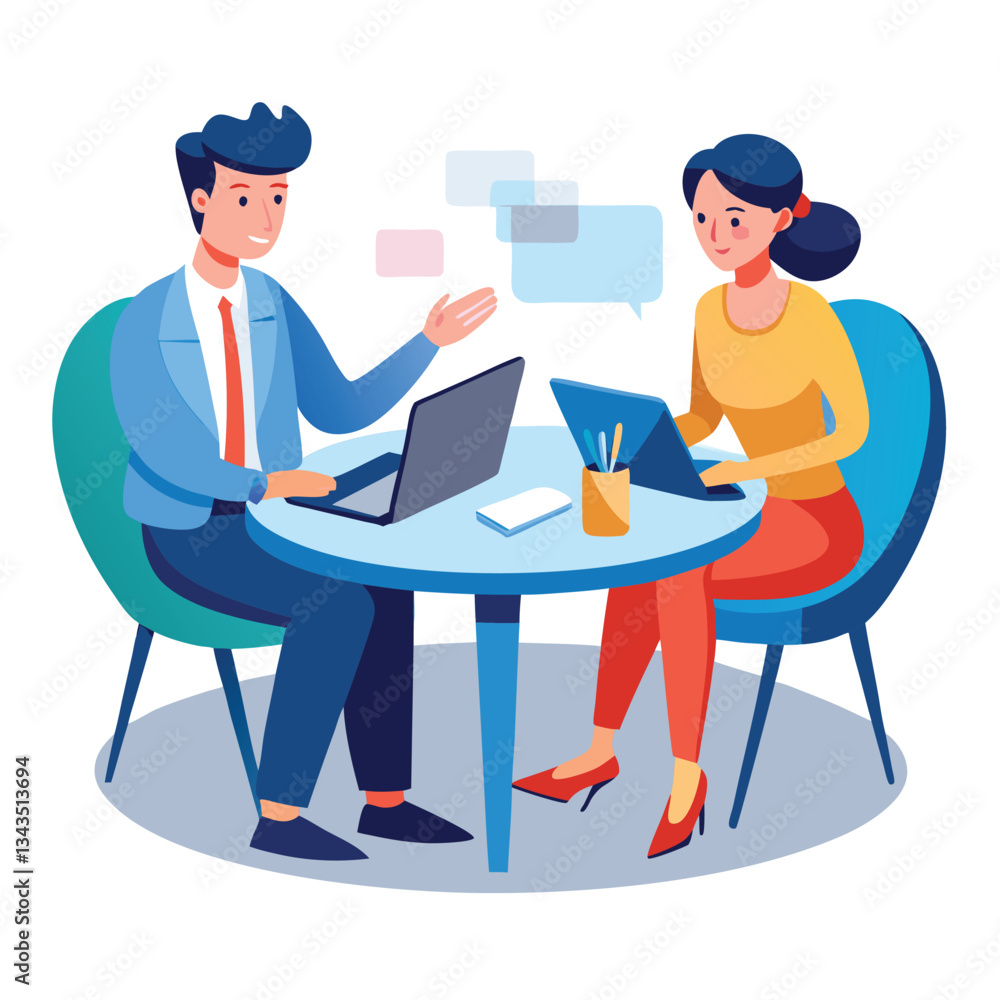 Partners meeting for business discussion with documents and laptop on desk. Couple at round table, speaking, discussing work, partnership. Flat vector illustration isolated on white background Partners meeting for business discussion with documents and laptop on desk. Couple at round table, speaking, discussing work, partnership. Flat vector illustration isolated on white background