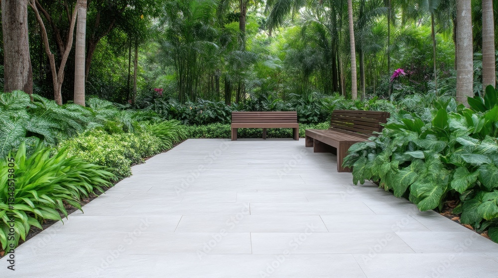 Tranquil garden path with benches. Lush greenery surrounds a paved walkway