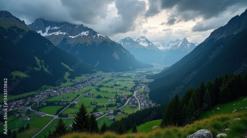 Obraz premium Aerial view of Engadin Valley, Switzerland, at dusk under heavy rain. Dark clouds, mist-covered hills, and wet landscapes enhance the dramatic and mysterious mood.