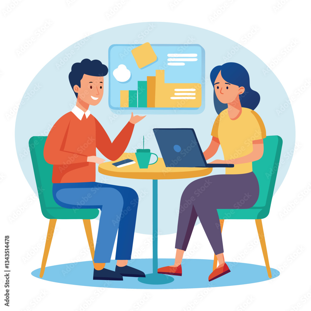 Partners meeting for business discussion with documents and laptop on desk. Couple at round table, speaking, discussing work, partnership. Flat vector illustration isolated on white background Partners meeting for business discussion with documents and laptop on desk. Couple at round table, speaking, discussing work, partnership. Flat vector illustration isolated on white background