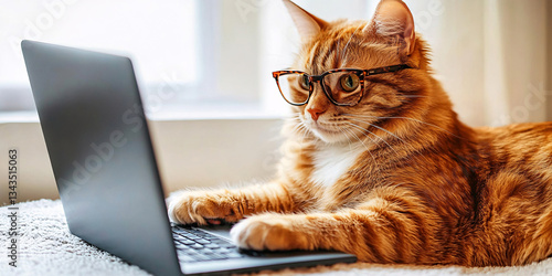 A cute ginger cat wearing glasses is using a laptop.