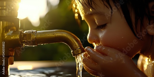 Young Child Drinking Water from Outdoor Faucet on Summer Day Refreshment Source of Hydration Enjoyment