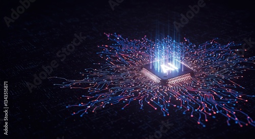 Illuminated ai chip with glowing blue and red circuit connections on a dark background surface