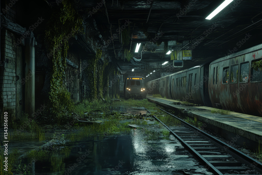 Obraz premium A post-apocalyptic 3D background of an overgrown subway station. Vines creep through the cracked concrete, and pools of water reflect the flickering emergency lights. A long-forgotten train, rusted