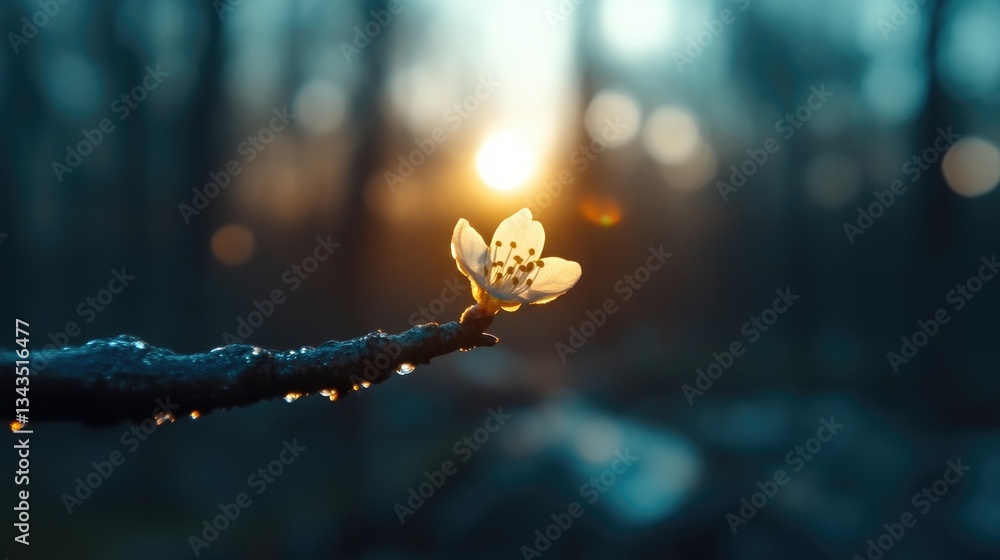 Delicate blossom in forest sunrise
