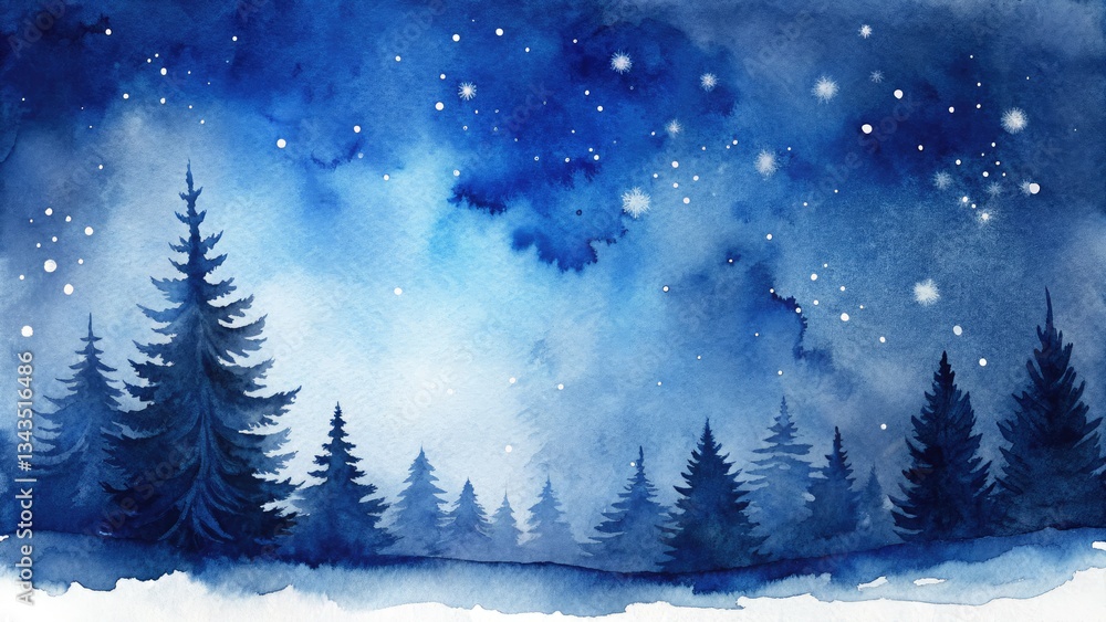 Fototapeta premium A navy blue watercolor Christmas banner, featuring abstract winter snow, creates a dark blue, artistic winter wonderland.