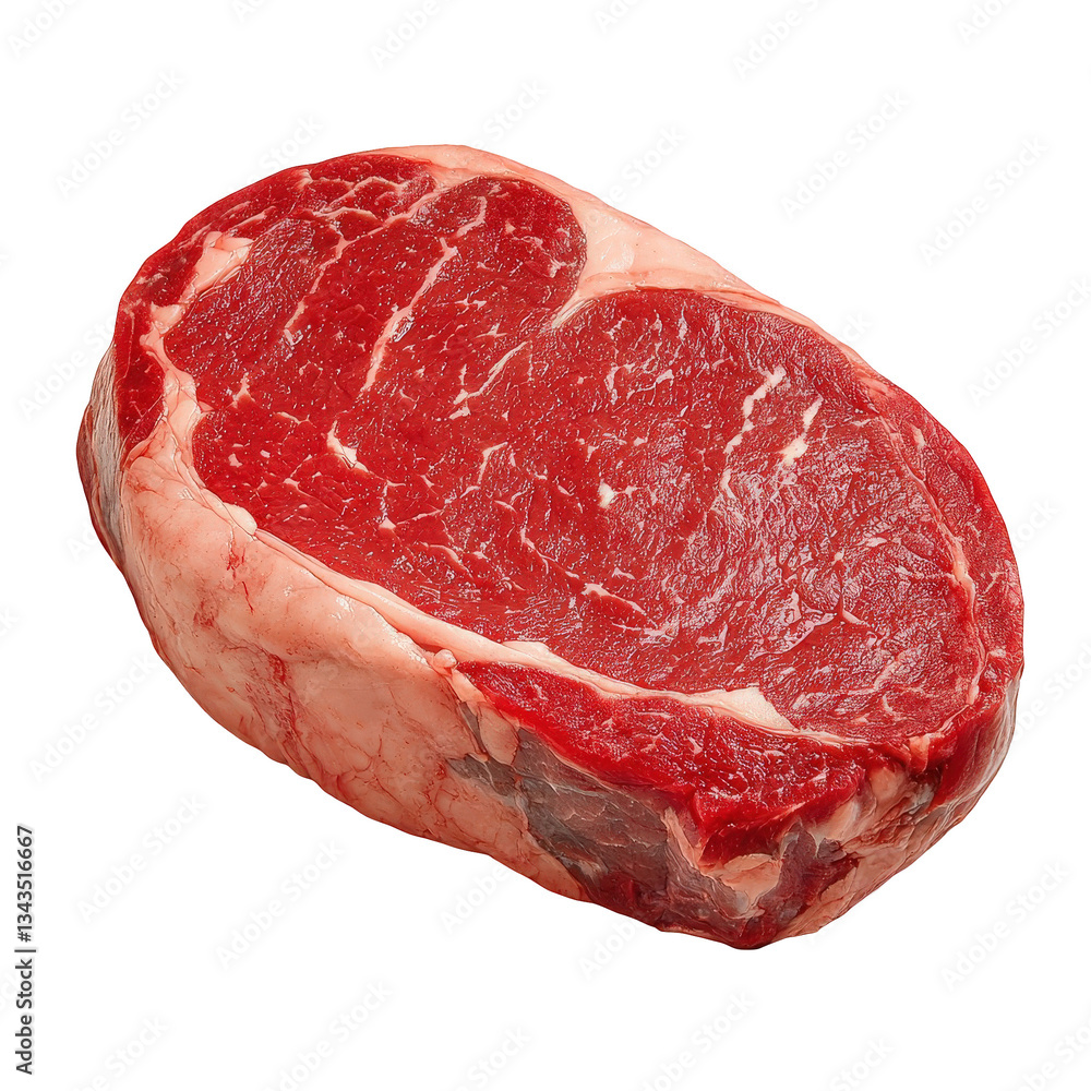 Fototapeta premium A raw ribeye steak with marbled fat, showcasing its rich red color and unique texture, Transparent background.