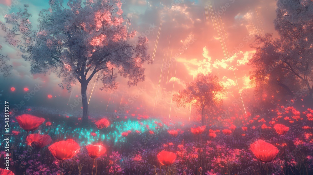 Obraz premium Dreamlike sunset over a field of red poppies and trees.