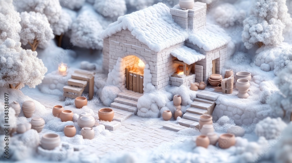 Snowy winter cottage nestled in a snowy forest with ceramic wares