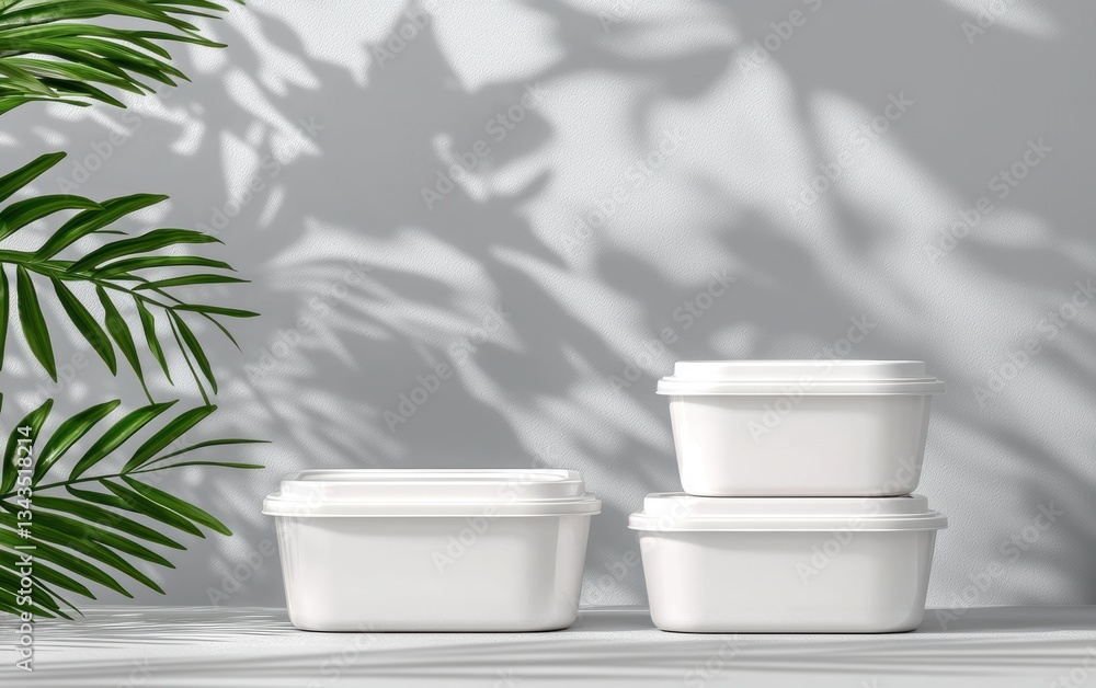 Minimalist set of food-grade plastic containers, square and round shapes, realistic reflections and shadows, high-quality packaging concept for product display Minimalist set of food-grade plastic containers, square and round shapes, realistic reflections and shadows, high-quality packaging concept for product display