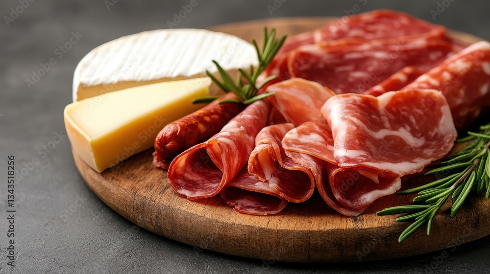 An elegant wooden tray featuring a selection of artisan cured meats and fine cheeses, suited for an upscale dining experience to share and enjoy with friends and family.