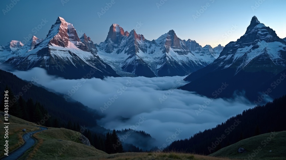 Obraz premium Snow-capped Bernese Alps under a cloudy night sky, dim moonlight casting shadows over rugged peaks. A serene yet dramatic landscape captured from a ground-level view.