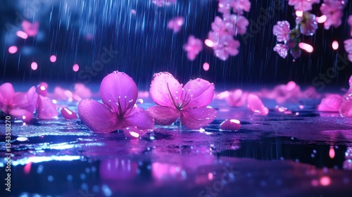 Two pink flowers in rain with falling petals and dark background.