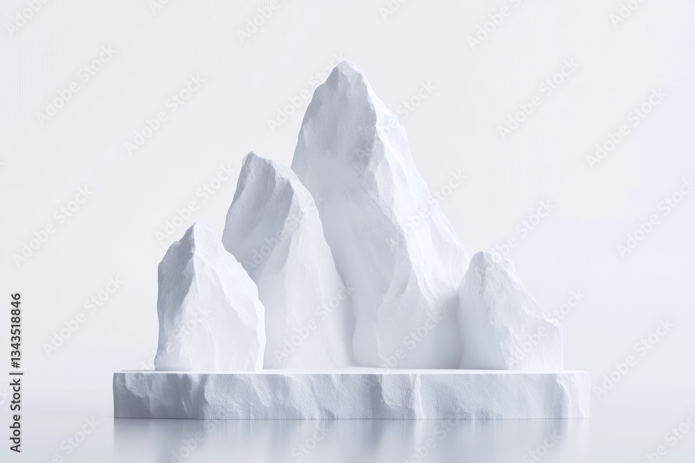 Abstract white mountain range display. A minimalist, three-dimensional, sculpted representation of mountains, presented on a low, wide, textured base.