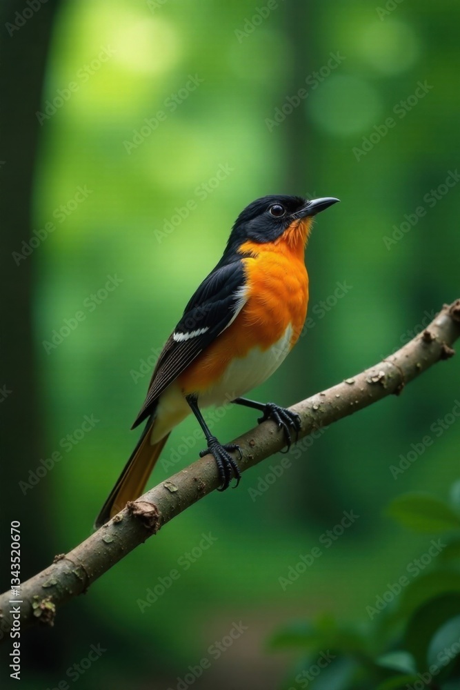 Solo bird perched on branch in forest clearing, greenery, birds Solo bird perched on branch in forest clearing, greenery, birds