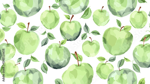 Watercolor pattern green apple white background