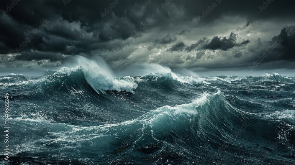 Stormy ocean with towering waves and dark clouds, capturing the raw power and turbulence of the sea during a tempestuous weather event Stormy ocean with towering waves and dark clouds, capturing the raw power and turbulence of the sea during a tempestuous weather event