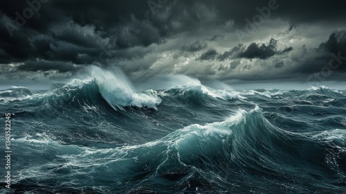 Fototapeta Naklejka Na Ścianę i Meble -  Stormy ocean with towering waves and dark clouds, capturing the raw power and turbulence of the sea during a tempestuous weather event