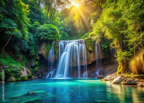 Crystal-clear pool reflects lush greenery, a serene waterfall cascading into nature's embrace.