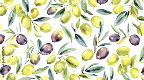 Watercolor Seamless Olive Pattern with Hand-Painted Green Branches