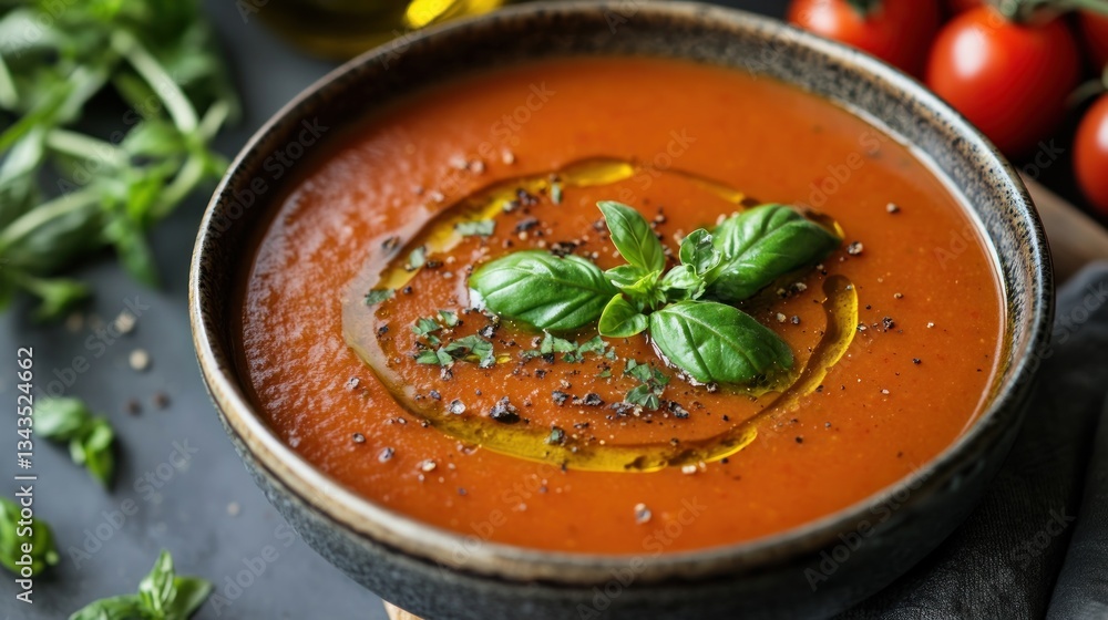 Delicious tomato basil soup with olive oil and fresh basil garnish close up Delicious tomato basil soup with olive oil and fresh basil garnish close up