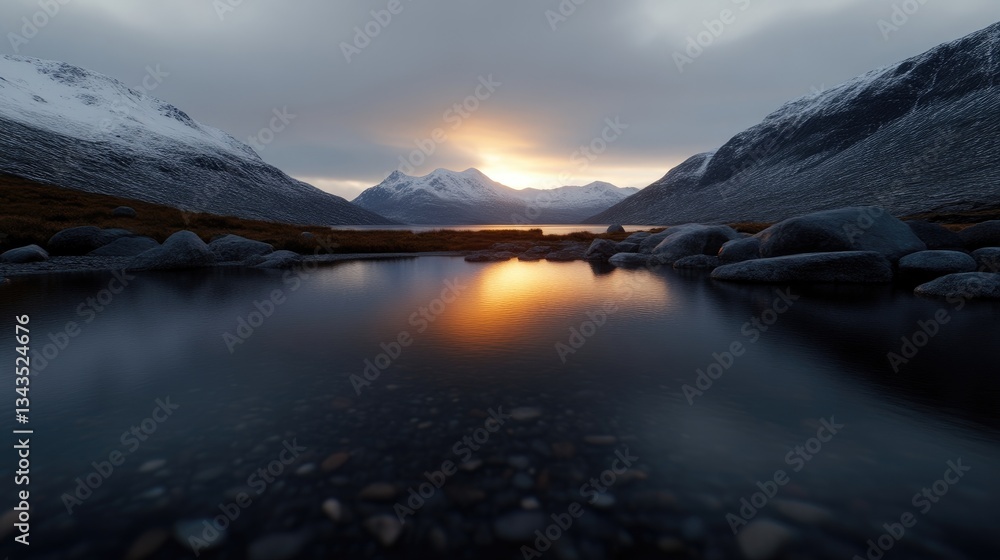 Serene winter sunrise over a tranquil mountain lake. Sunrise reflects on still water. Misty, snowy peaks frame the view