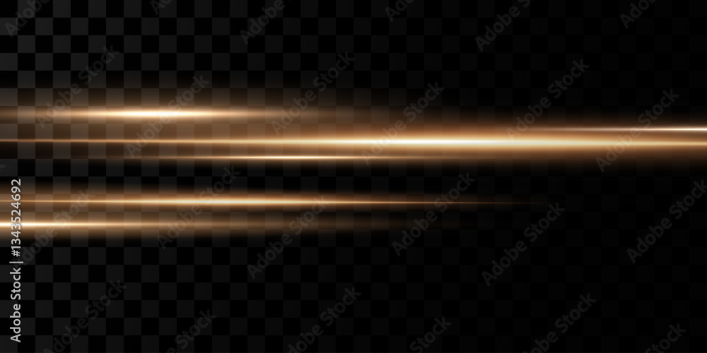 Yellow horizontal lens flares pack. Laser beams, horizontal light rays. Beautiful light flares. Glowing streaks on dark background. 