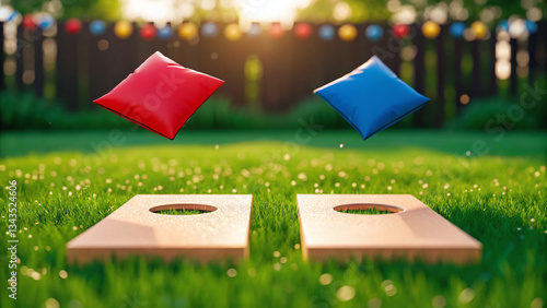 Cornhole Game with Red and Blue Bean Bags in Mid-Air on Grass