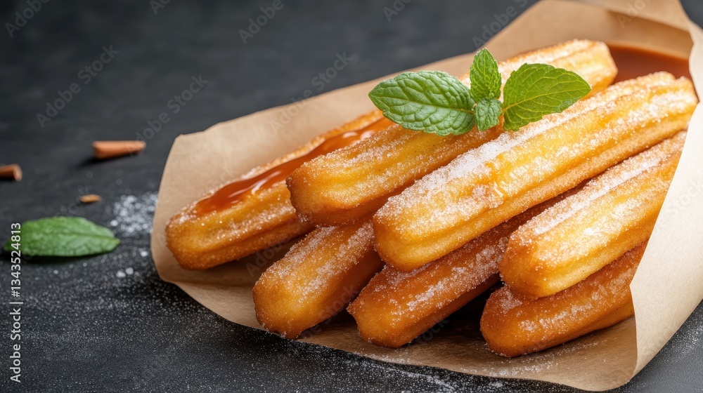A beautiful display of warm churros garnished with sugar and fresh mint leaves along with caramel sauce, inviting everyone to enjoy this classic treat.