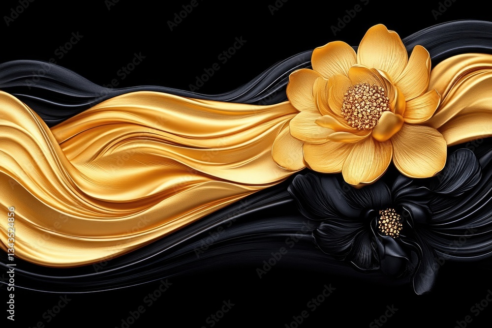 Luxurious gold and black silk drapes with 3D flowers