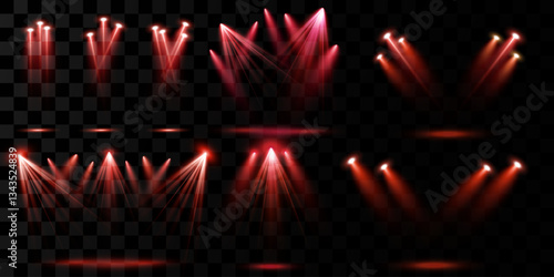 Set of red spotlight stage background. Disco, projector, light concert or show stage. Magic beam glow for nightclub or award winner with glitter confetti.