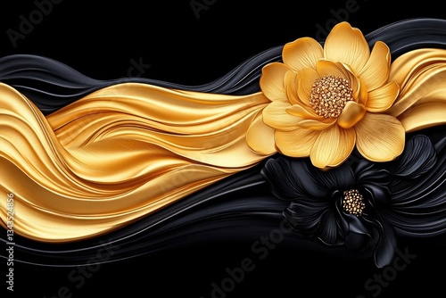 Obraz na płótnie Luxurious gold and black silk drapes with 3D flowers w salonie
