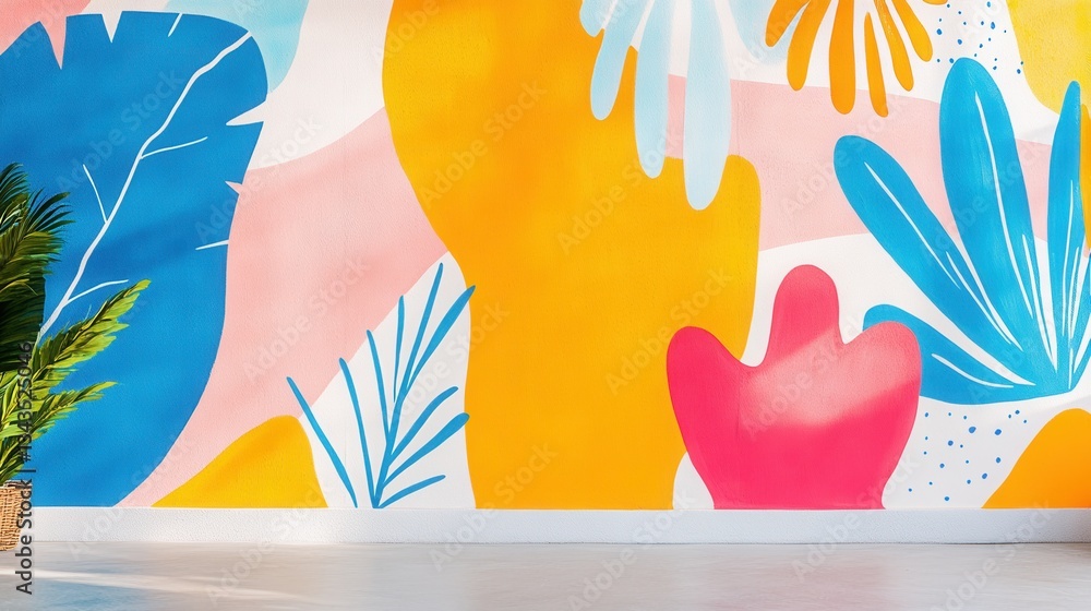 Naklejka premium Colorful Abstract Mural Design with Tropical Plant Decor
