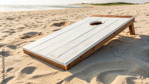 White Cornhole Board on Sandy Beach Near Ocean