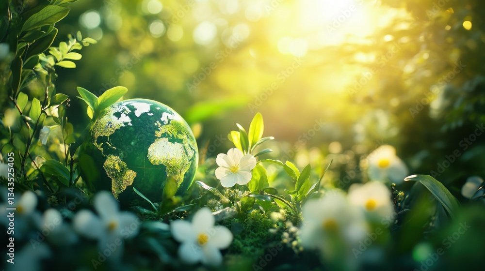 Vibrant green globe embraced by blooming flowers and lush leaves, symbolizing hope and renewal for Earth's future. Vibrant green globe embraced by blooming flowers and lush leaves, symbolizing hope and renewal for Earth's future.