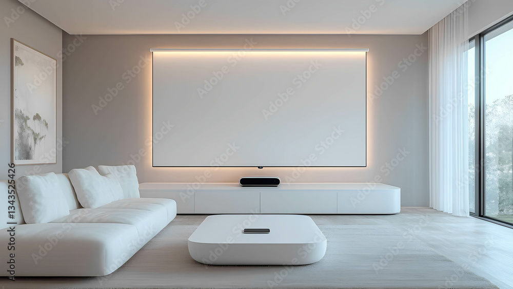 Fototapeta premium A sleek, all-white living room with voice-controlled LED lighting, a hidden projector screen, and futuristic AI-powered speakers