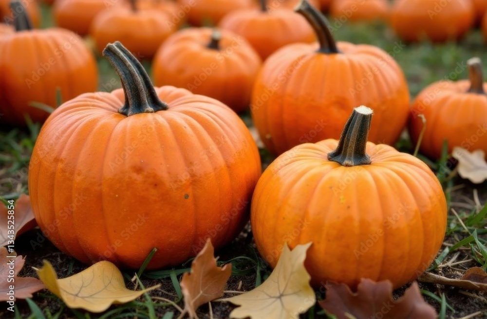 Vibrant autumn pumpkin harvest with fallen leaves in natural setting Vibrant autumn pumpkin harvest with fallen leaves in natural setting