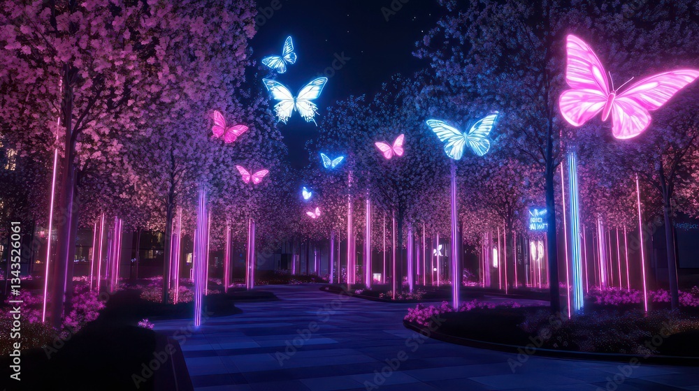 Fototapeta premium Illuminated pathway with glowing trees and butterflies at night.