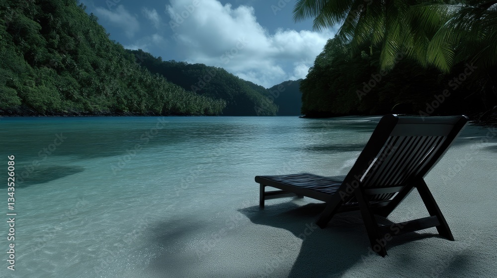 Tranquil tropical beach scene. A dark wooden lounge chair sits on a pristine, light-colored beach.