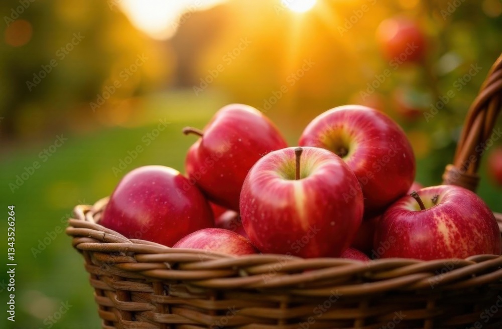 Sunlit red apples in a woven basket in lush greenery Sunlit red apples in a woven basket in lush greenery