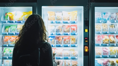 Contemplation before the snack machine, choices for a tasty moment break