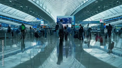 Time lapse of busy airport terminal with crowds of people walking with luggage, illustrating travel hustle and bustle