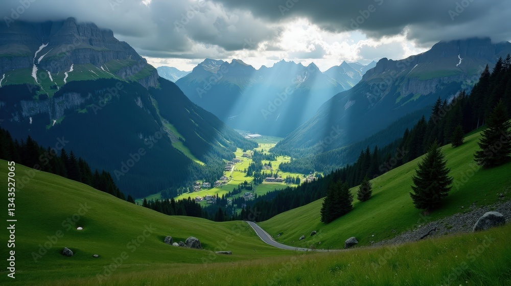 Aerial night view of Appenzell, Switzerland, under a cloudy sky. Faint moonlight highlights the contours of rolling hills and vast alpine meadows. Aerial night view of Appenzell, Switzerland, under a cloudy sky. Faint moonlight highlights the contours of rolling hills and vast alpine meadows.