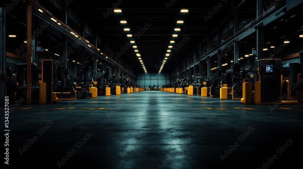 A vast industrial warehouse illuminated by overhead lights, showcasing rows of machinery and equipment, creating an atmosphere of productivity and manufacturing prowess. A vast industrial warehouse illuminated by overhead lights, showcasing rows of machinery and equipment, creating an atmosphere of productivity and manufacturing prowess.