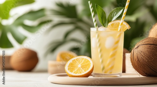Featuring a delightful citrus coconut cocktail garnished with an orange slice and fresh mint, this image captures the essence of summer relaxation and tropical flavors.