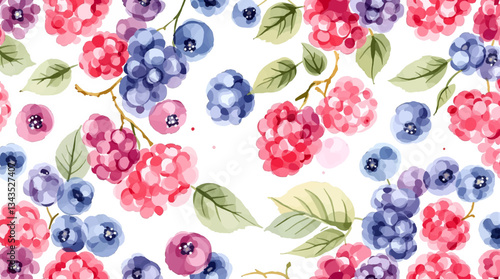 Watercolor pattern featuring raspberries white background	