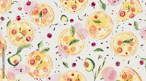 Seamless watercolor pattern featuring isolated pizza slices on a clean white background ideal for fast food and Italian cuisine designs
