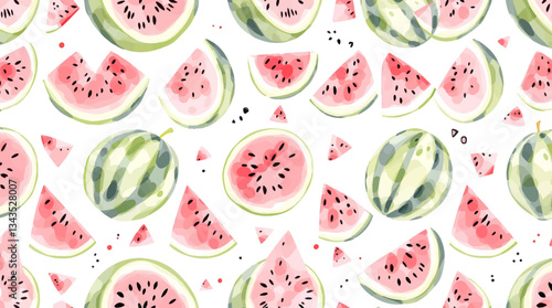 Seamless Watercolor Watermelon Fruit Illustration Pattern