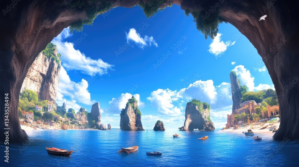 Coastal paradise seen from a cave opening